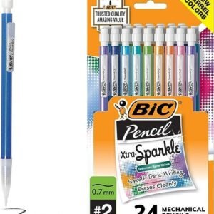 BIC Xtra-Sparkle Number 2 Mechanical Pencils With Erasers (MPLP241-BLK), Medium Point (0.7mm), 24-Count Pack, Cute Mechanical Pencils For Girls, Boys and Adults (Barrel Colors May Vary)